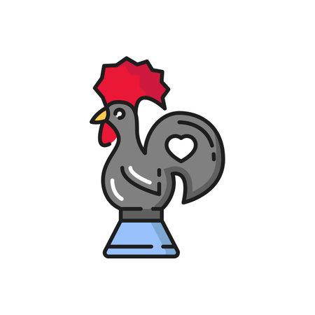 Barcelos rooster cock bird symbol of Portugal, souvenir isolated flat icon. Vector galo de barcelos rooster, traditional medieval gift bird with red cock and hear on tail. Kids toys cockerel cockのイラスト素材