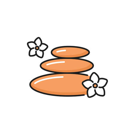 Pebbles with plumeria flowers isolated spa stones flat line icon. Vector well balanced rocks, massage, oriental medicine symbol. Stacked stones tower, sack of pebble, harmony balance, spa signのイラスト素材