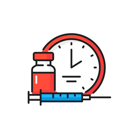 Time to vaccinate, bottle injection, coronavirus isolated color line icons. Vector bottle and timer clock, injections immunization campaign. Medical treatment, pandemic fight, health care protectionのイラスト素材