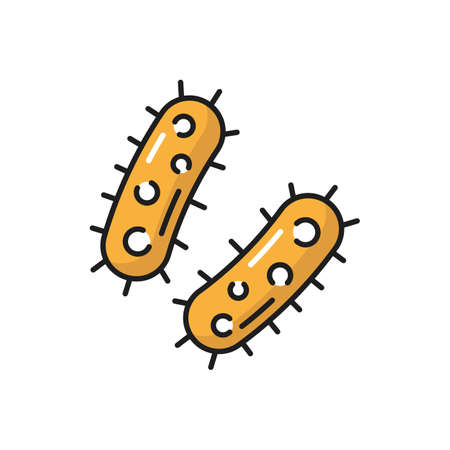 Virus infection bacteria, yellow macro cell isolated color line icon. Vector genome microscopic microbiology organism. Microorganism, pathogen bacillus microscopic gene in stomach or intestinesのイラスト素材