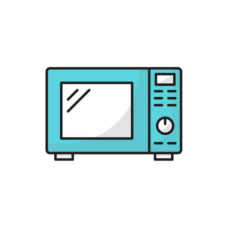 Household appliance electric microwave oven isolated blue color line icon. Vector kitchenware equipment, cooking utensil sign. Electric kitchen machine with timer to heat, cook or warm up foodのイラスト素材