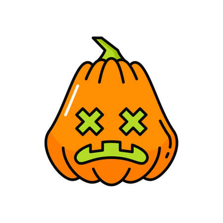Pumpkin jack-o-lantern Halloween creepy symbol isolated orange vegetable outline icon. Vector guard with crossed eyes and curved smile, angry face. Pumpkin with stem, Halloween party decorationのイラスト素材