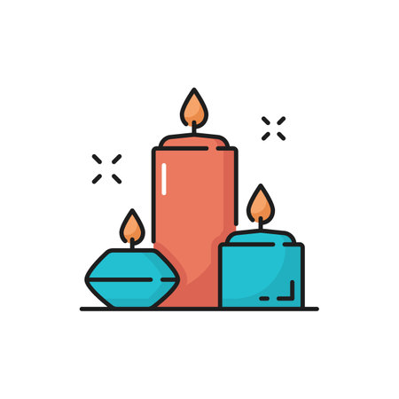 Aroma beauty spa candles isolated outline icon. Vector burning aromatic lighted candles, thin line. Romantic decor element, spa, aromatherapy and massage. Beauty salon accessory for relaxingのイラスト素材
