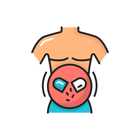 Good digestion in human body, probiotics bacteria isolated color line icon. Vector gastro medical drugs packaging, healthcare. Laxative system with lactobacillus and prebiotic pills in capsuleのイラスト素材