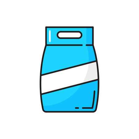 Washing powder in blue foil or plastic package isolated color line icon. Vector food snack pouch with handles. Clothes wash detergent, liquid soap. Package of washing powder, tea or coffee bagのイラスト素材