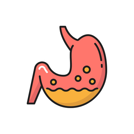 Human stomach with lactobacillus probiotics isolated color line icon. Vector internal organ with probiotics, lactobacillus and prebiotic bacteria. Digestive system, tract with bacteria microorganismsのイラスト素材