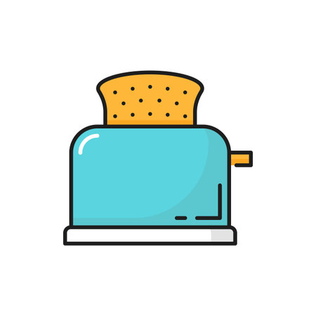 Retro toaster household device with toasted bread isolated color line icon. Vector kitchenware...