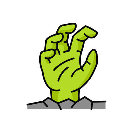 Ghost arm sticking out, green zombie hand rise from grave isolated outline icon. Vector nightmare creepy demon, Halloween dead man arm coming out of ground soil. Undead on cemetery, ghost armのイラスト素材