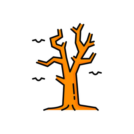 Dry tree with bare twigs or branches isolated outline icon. Vector dry bare tree twigs, brown color plant. Scary forest or wood design element, trunk without leaves and flying raven crow birds in skyのイラスト素材