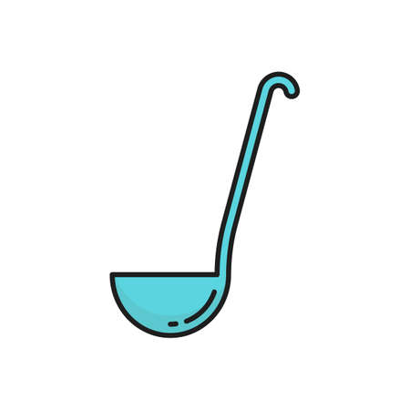 Ladle big spoon kitchenware isolated line icon. Vector blue kitchen utensil of aluminium, stainless steel, plastic ladle sign. Cooking implement instrument with long handle terminating in deep bowlのイラスト素材