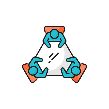 Meeting chat conference, discussion brainstorm at table isolated color line icon. Vector group of recruitment managers talking, teamwork cooperation. Business chat, meeting and team communicationのイラスト素材