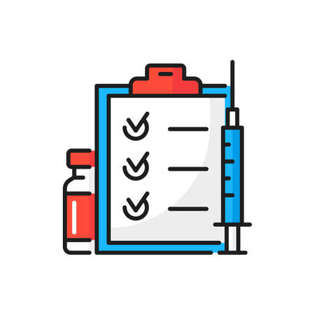 Coronavirus vaccination schedule, calendar marks, syringe and vaccine color line icon. Vector drugs bottle, health care protection. Time to vaccinate, injection immunization. Medical treatment listのイラスト素材