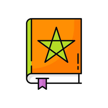 Magical book Halloween spells-book isolated icon. Vector textbook with bookworm and magic star, book of wizard witch. Witchcraft mystic alchemy diary with spells, potion receipts, black magic textsのイラスト素材