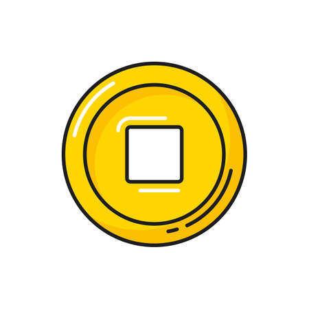 Ancient chinese coin with square hall isolate icon. Vector oriental coin with aperture on middle, fortune circle, round coin of luck. Symbol of prosperity and wealth, protection amulet, Chinese moneyのイラスト素材