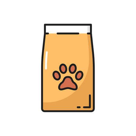 Cats dry food pet veterinary nutrition meals pack with paw print isolated outline icon. Vector veterinary nutrition kittens and puppies meal. Vet treat, domestic animals health care dietary supplementのイラスト素材