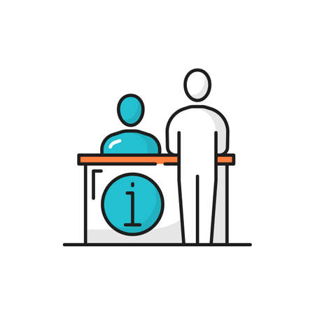 Receptionist support center worker at help desk isolated color line icon. Vector computer operator ready to help, instruction guide. Customer person assistance help board, communication helpdeskのイラスト素材