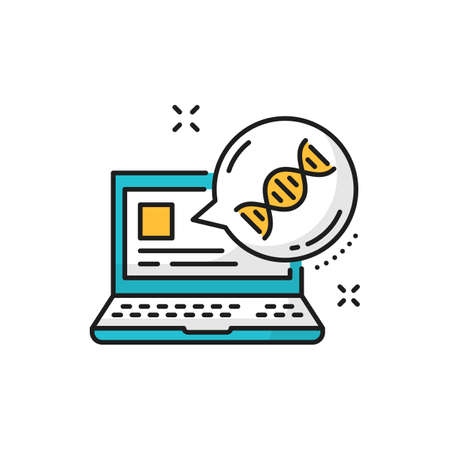 Computer screen with dna helix chromosome, laptop line icon. Vector monitor with chromosome, biochemistry and biotechnology evolution, genetics. Molecular structure investigation, binary code researchのイラスト素材