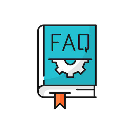 FAQ question book, gear and bookmark isolated icon. Vector closed help book with frequently asked questions and cogs settings mechanisms. Interrogation magazine, instruction guide, assistanceのイラスト素材