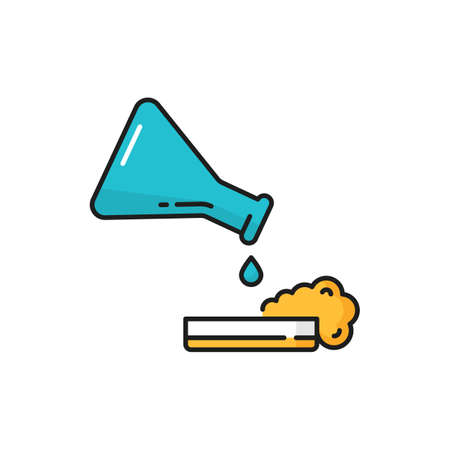 Genetics modifications, scientific research flask and flaming substance isolated line icon. Vector flask glassware laboratory equipment, scientific research in gene engineering science, biotechnologyのイラスト素材