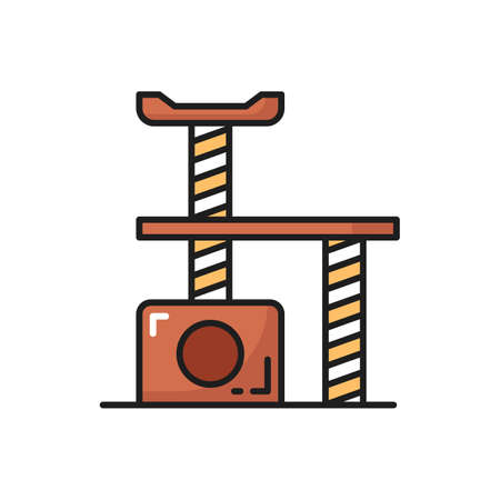 Comfortable house for cat isolated thin line icon. Vector accessory for pet, cozy kitty home, game complex with scratching post with bench and home with round entry. Kittens interactive toy, outlineのイラスト素材