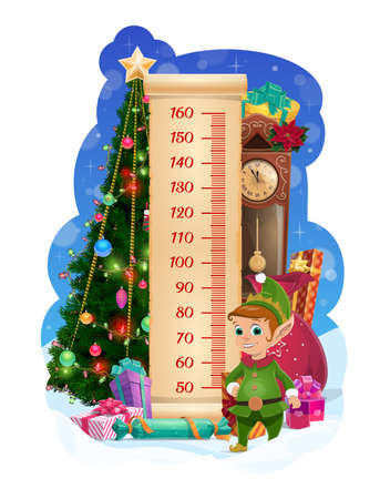 Kids height chart with Christmas tree and funny elf. Child growth measure meter with cartoon vector cute elf character, winter holidays wrapped gifts and glowing garland on Christmas tree, retro clockのイラスト素材