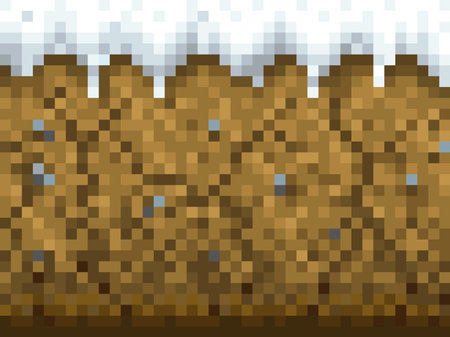 Snow and ground blocks pattern. Cubic pixel game background, eight-bit arcade level environment backdrop. Retro computer game texture with snow or ice, stones and soil square pixelsのイラスト素材