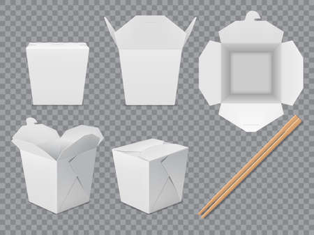 Asian noodle box package mockup. Isolated paper chinese takeaway food box set. White wok packaging with sticks. Vector 3d takeaway food packs and bamboo chopsticks, closed and open realistic boxesのイラスト素材