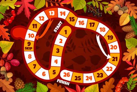 Thanksgiving kids board game in shape of acorn with vector autumn leaves and berries. Dice boardgame, roll and move puzzle or start to finish maze with numbered steps, education worksheet templateのイラスト素材