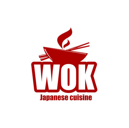 Wok icon. Chinese and japanese cuisine wok with steam. Asian cuisine restaurant, cafe of fast food bistro vector label, emblem or icon with oriental wok pan or cooking pot, bamboo chopsticks and vaporのイラスト素材