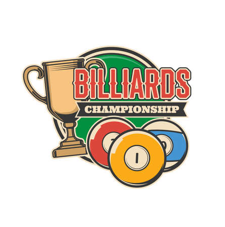 Billiards championship vector icon with billiards, pool or snooker sport balls, gold trophy or winner cup. Billiard player equipment and golden award isolated badge of sporting competition tournamentのイラスト素材