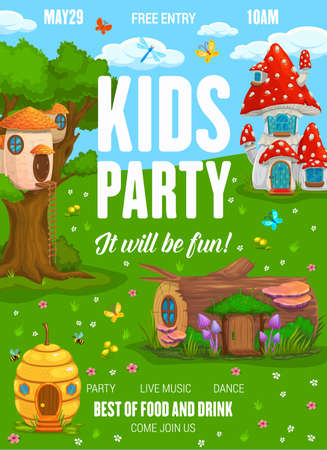 Kids party flyer with fairy fantasy houses and dwellings of gnomes. Children picnic garden party and holiday entertainment vector poster with dwarf fairy nest and mushroom, log and beehive homesのイラスト素材