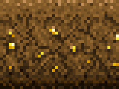 Golden nuggets and ore in ground blocks pattern, cubic pixel game vector background. Gold mine craft for computer game interface, 8bit pixel underground pattern with golden treasure in groundのイラスト素材