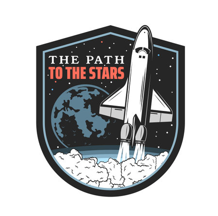 Space launch icon, shuttle take off to explore galaxy vector retro emblem. Rocket, winged missile leaving the Earth. Cosmos research, galaxy exploration investigation mission vintage shield labelのイラスト素材