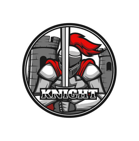 Medieval knight icon, heraldic warrior with sword and helmet armor, vector. Knight warrior in iron armor and red cape helmet or paladin sign for sport fight club badge and heraldryのイラスト素材