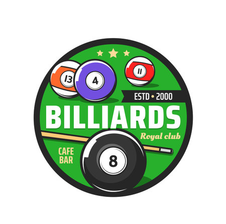 Billiards club vector icon of pool cue sport with billiard balls and cue on green table of snooker...