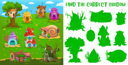 Find correct shadow, fairy house, kids game riddle or tabletop puzzle, vector. Shadow match board game with silhouettes of cartoon homes of dwarf or gnome in acorn, flower, seashell and mushroomのイラスト素材