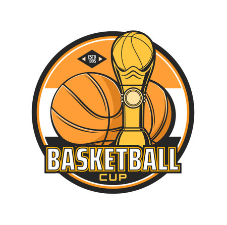 Basketball cup icon with ball and sport prize. Sport competition, basketball teams cup or championship matches vector retro emblem, label or sticker with winners prize cup and basketball ballsのイラスト素材