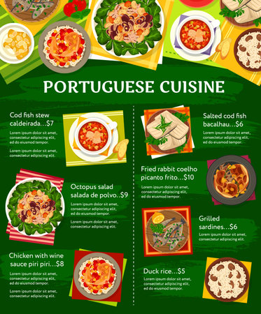 Portuguese cuisine restaurant dishes menu. Stew Caldeirada, salted cod Bacalhau and octopus salad, chicken with Piri Piri sauce, fried rabbit and sardines, duck rice vector. Portuguese meals posterのイラスト素材