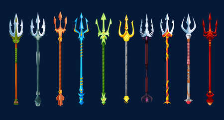 Fantasy magic tridents game weapon asset. Poseidon god, gladiator warrior, devil or demon golden, silver and red pitchfork weapon cartoon vector GUI icons. Fairytale spear or magic lance artifact setのイラスト素材