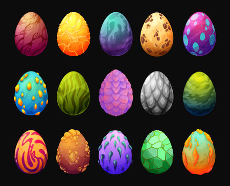 Cartoon dragon eggs game asset. Magic or mythological creature, fantastic dinosaur or reptile color eggs, game user interface element with thorns, spikes, metal and glass scales, gold, hot lavaのイラスト素材