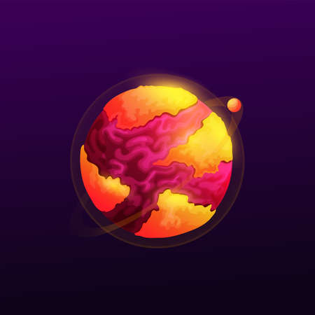 Fantasy planet, cartoon globe of lava and magma isolated fantasy alien world in deep space. Vector hot burning sphere, asteroid satellite with rocky surface. UI, GUI interface magic fantastic planetのイラスト素材
