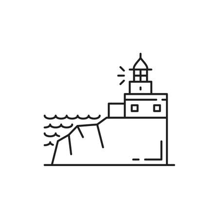 Cabo da roca landscape view of lighthouse at Cabo da Roca in Sintra, Portugal thin line icon. Vector outline graphic, Portuguese famous place, landmark sightseeing. Beacon on rock, ocean view line artのイラスト素材