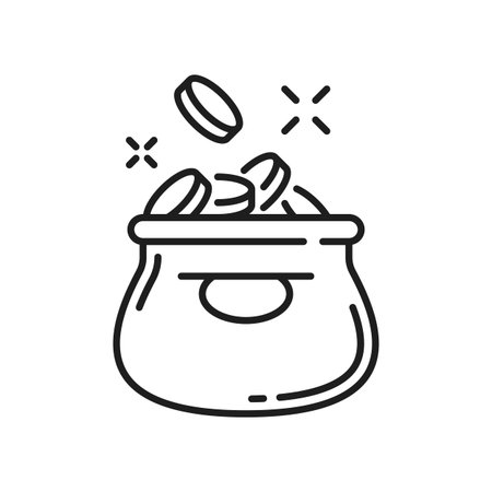 Money bag with coins isolated thin line icon. Vector moneybag jar, jackpot treasure funds, investment, charity profit. Sack of money, bank coins or cash, finance savings and deposit symbol line artのイラスト素材