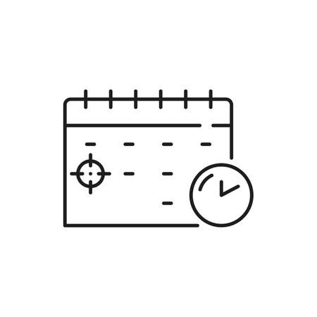 Calendar or note with to-do list and accomplished goal isolated outline icon. Vector target hit, goal, date planning, plan, action and check mark on paper. Business motivation, inspiration, leadershipのイラスト素材