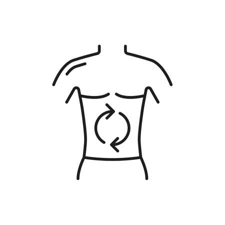 Man body with good digestion in human stomach isolated outline icon. Vector laxative system with rotating arrows gear box mechanics inside. Gastro medical drugs packaging label, healthcare conceptのイラスト素材