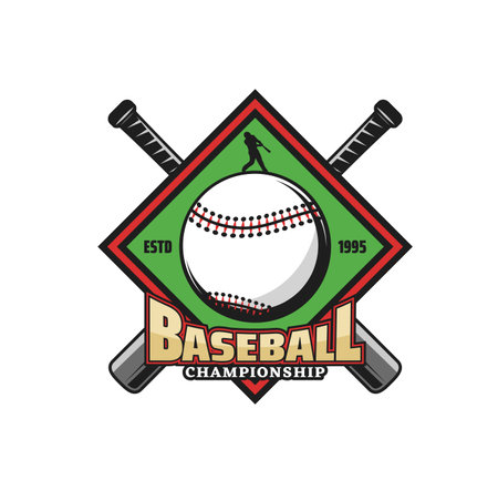 Baseball championship icon with crossed bats and hitting ball batter. Baseball teams tournament, sport game competition vector emblem, retro sticker or icon with baseball player itemsのイラスト素材