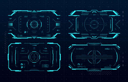 HUD aim control frame interface, futuristic target vector screen ui of Sci Fi game. Hologram dashboard panels with digital target crosshairs and neon viewfinder frame borders, vr head up displayのイラスト素材