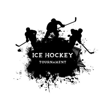 Ice hockey sport grunge poster with hockey players vector black silhouettes. Ice hockey game team players on rink with sticks, pucks, uniform helmets and goal gate, paint brush strokes and splashesのイラスト素材