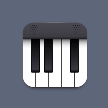 Piano music app interface 3d icon, vector keyboard of piano or synthesizer with white and black note keys. Mobile or web application ui, gui design, isolated square button of software widgetのイラスト素材