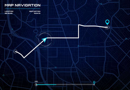 City map navigation interface, GPS navigator screen with street roads and location, vector background. City road map screen interface with compass and destination points and traffic route directionのイラスト素材